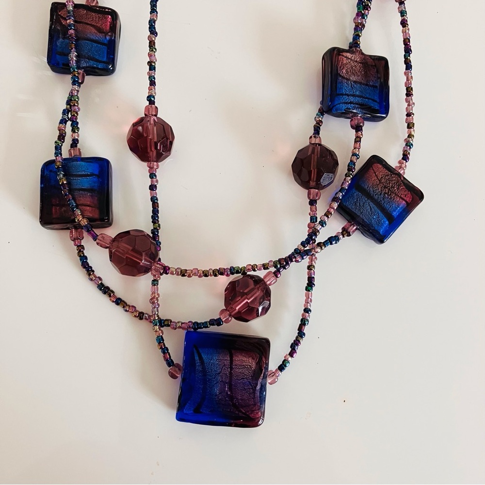 Square Glass Beaded Bohemian Bib Necklace Amber And Blue Tones